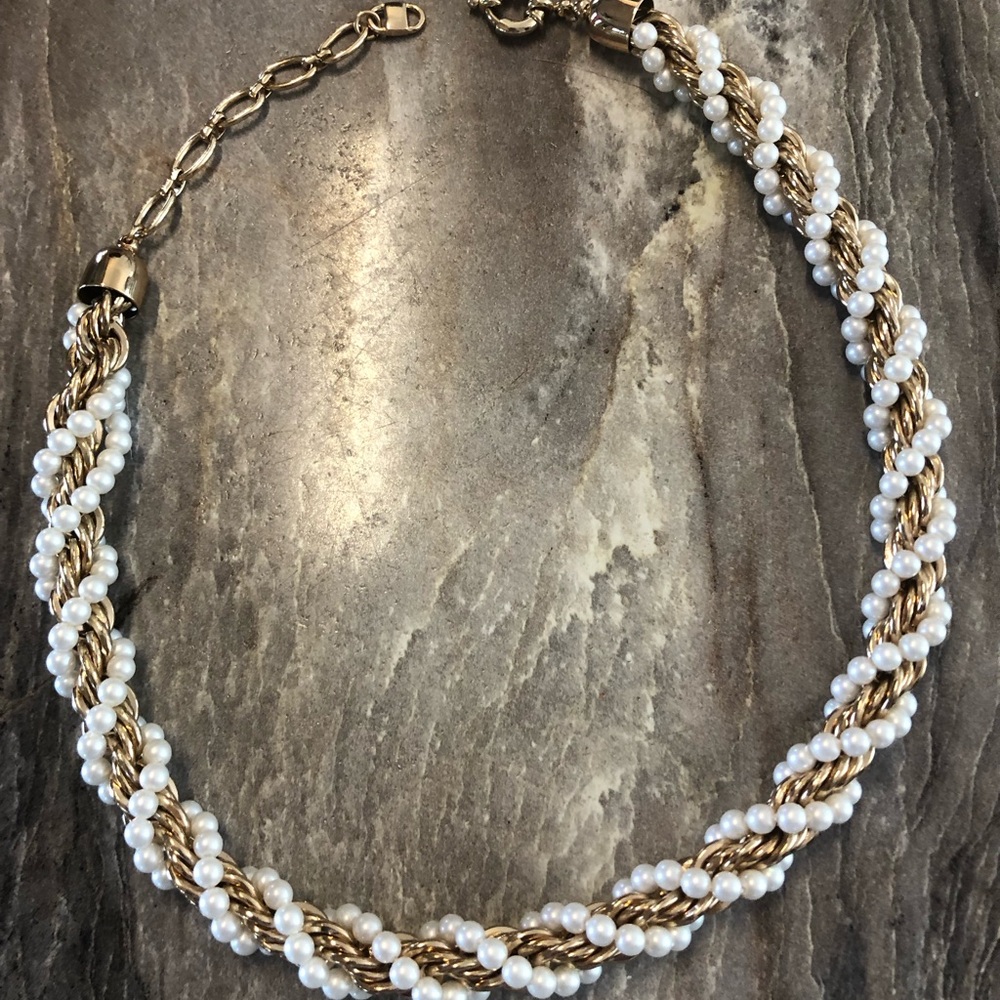 Gold-Tone Braided Necklace with White Pearls